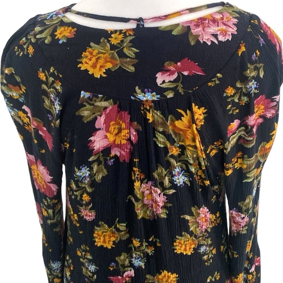 Natural Life Boho Long Bell Sleeve Side Slit Rayon Black Floral Maxi Dress - Picture 4 of 13